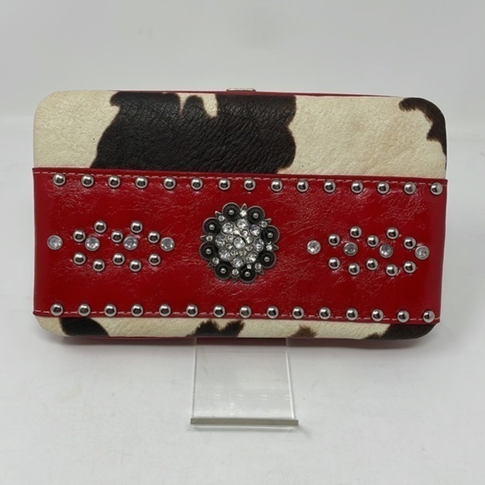 NWOT Rodeo Bling Cowhide Leather Clutch Wallet with Red Trim & Push Button Lock